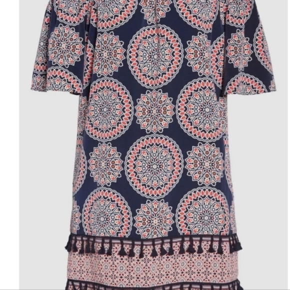 #956 Maggy London Off- Shoulder Navy & Coral Tassled Dress  sz. 8 - Picture 3 of 4